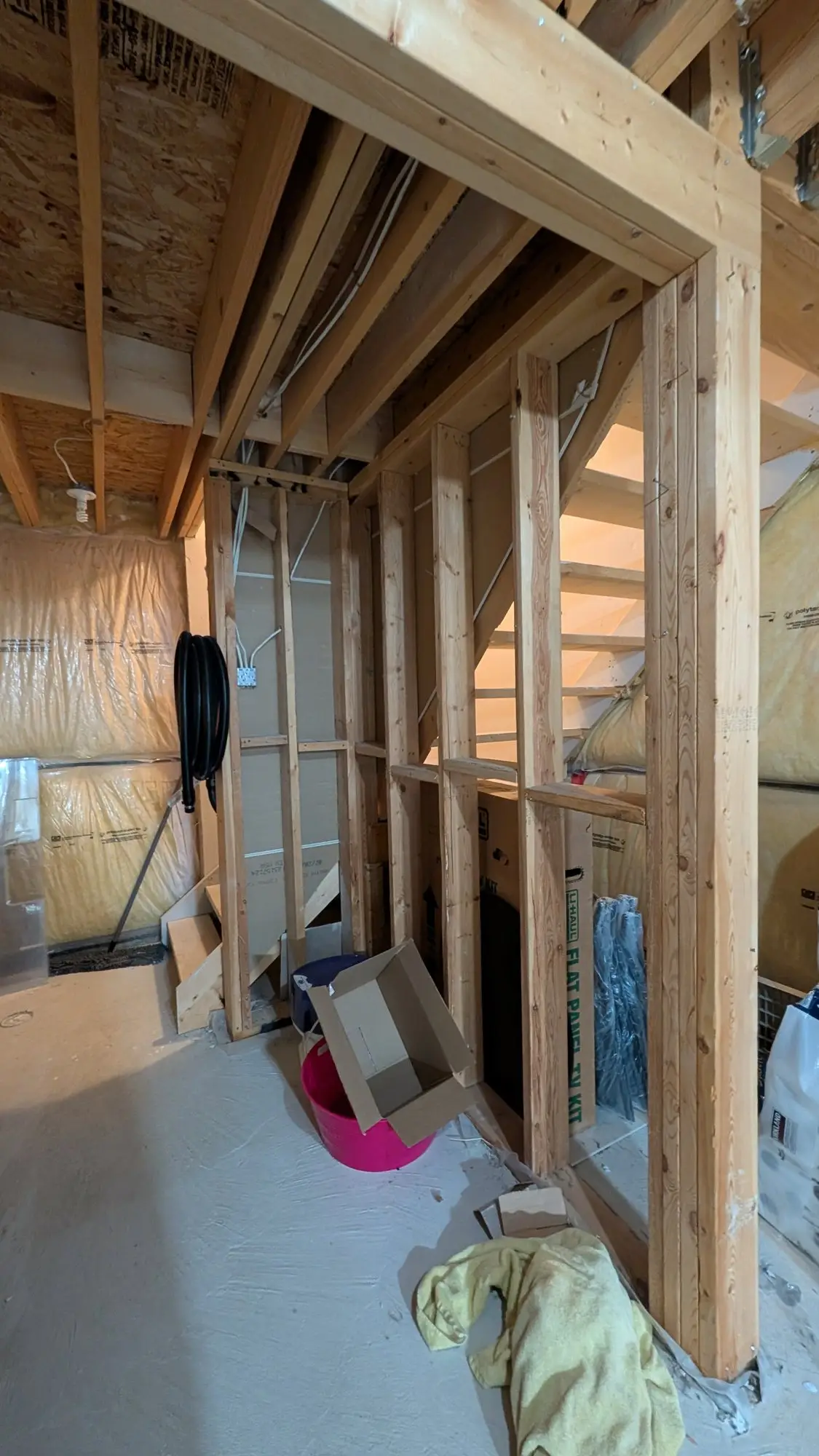 Bare basement framing and exposed services before finishing