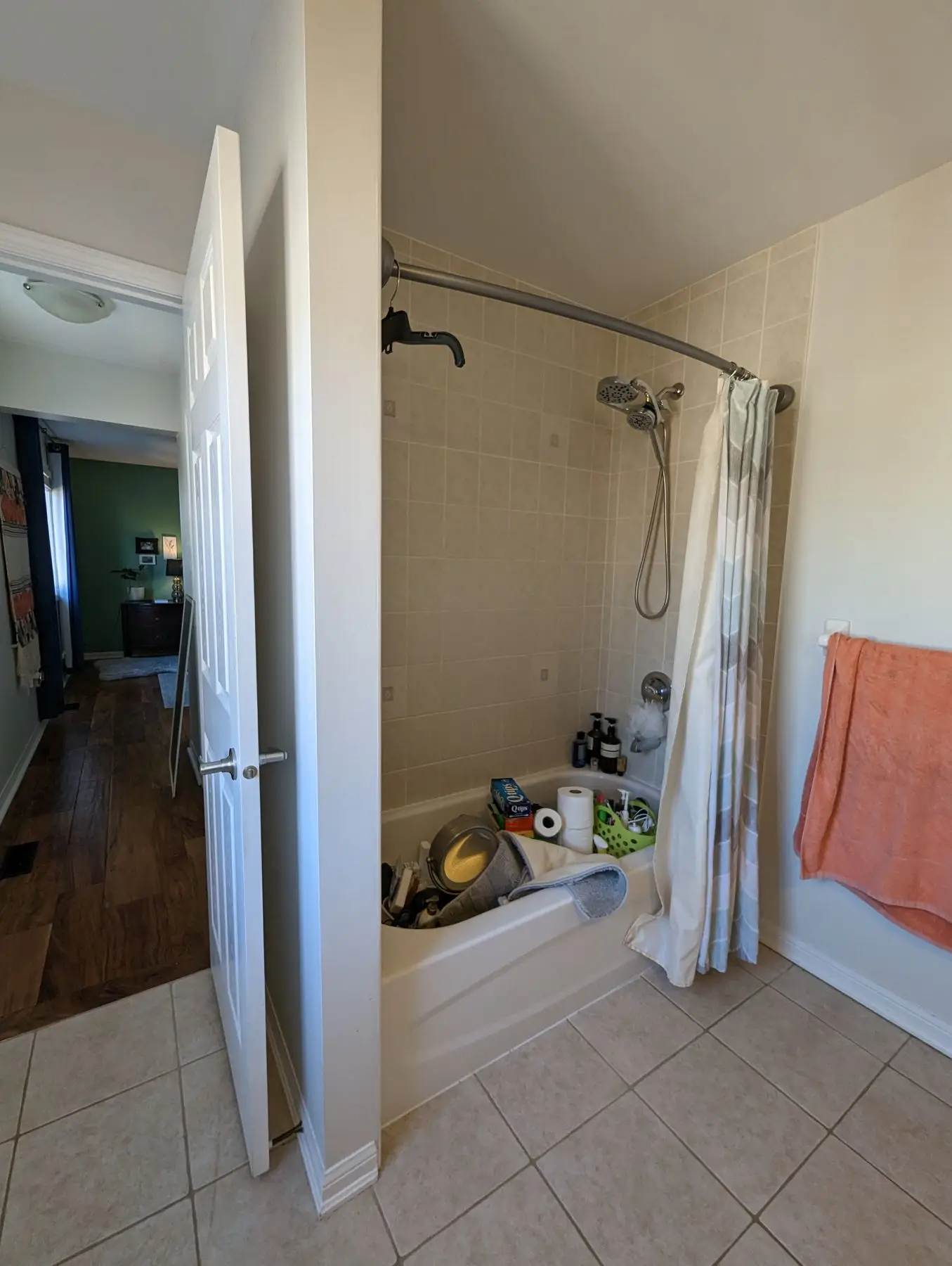 Before — Bathroom pre-renovation corner showing tub, shower surround, and open door view to hallway.